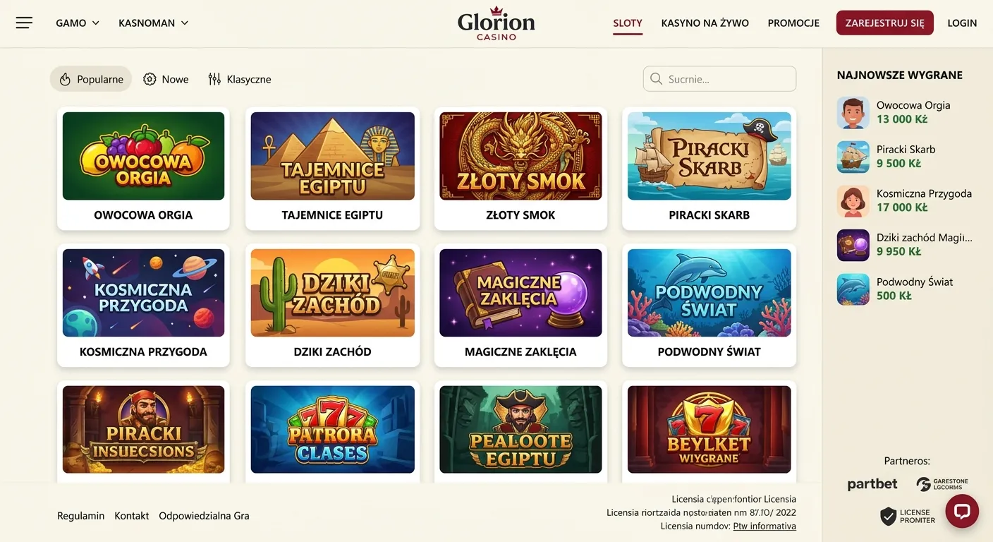 Zrzut ekranu przedstawiający selektor gier w Glorion Casino z kategoriami: Sloty, Live Casino, Jackpoty.